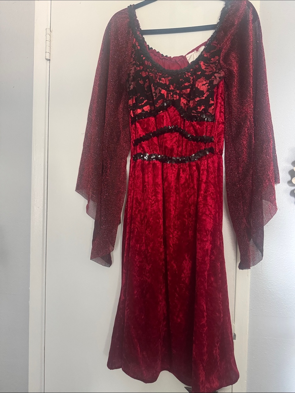 Crimson Velvet Midi Dress with Sheer Bell Sleeves
